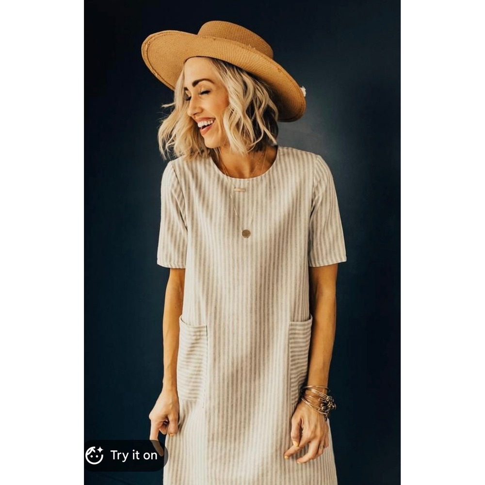 Roolee Womens Grey White Striped Short Sleeve Cotton Shift Dress Pockets Small